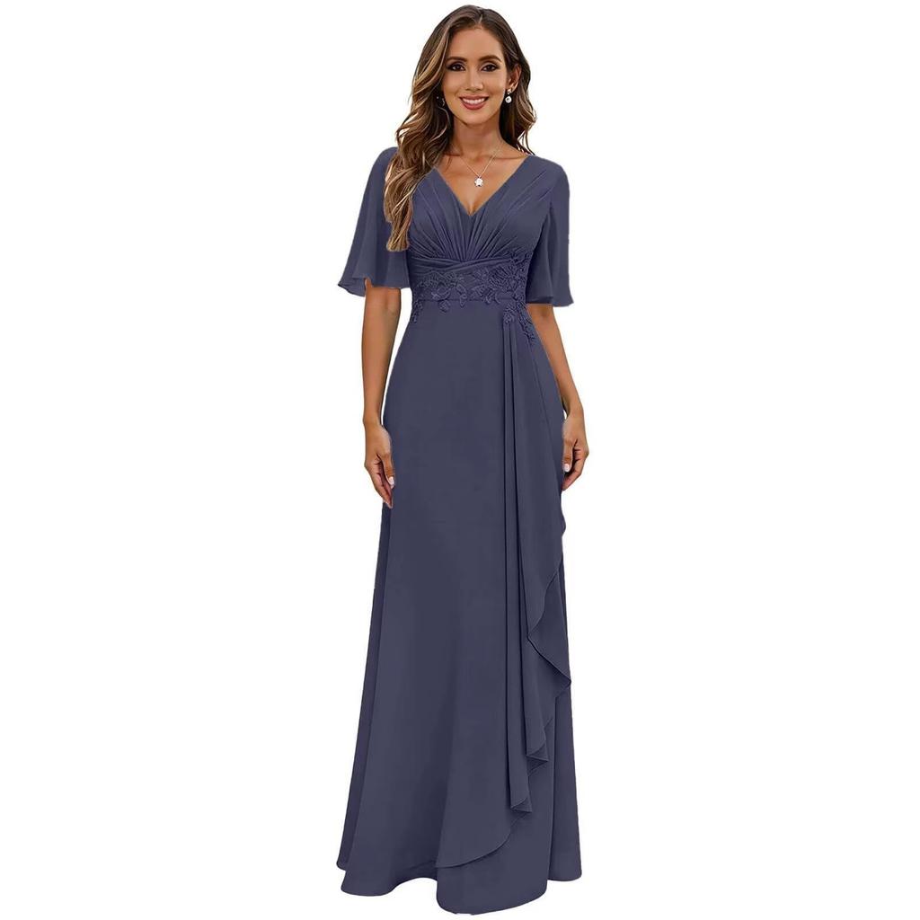 Evening Dress 1011 New V-neck Pleated Long Chiffon Party Dress Skirt Slim Swing Wedding