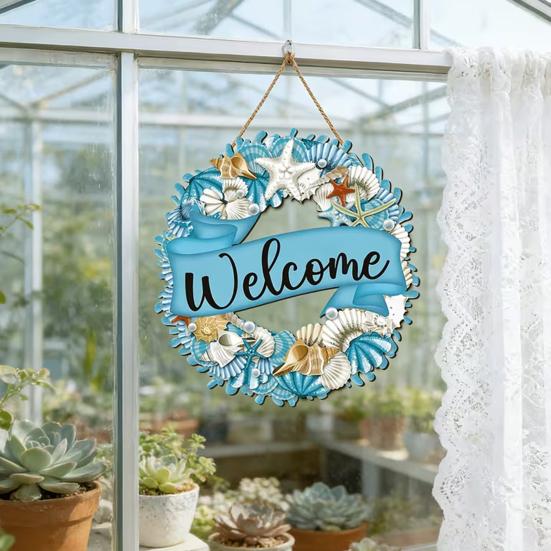 Yousheng Welcome Summer Sign Shells Starfish Wall Hanging Wreath Farmhouse Coastal Beach Wooden Round Door Hanger for Front Door Porch Courtyard