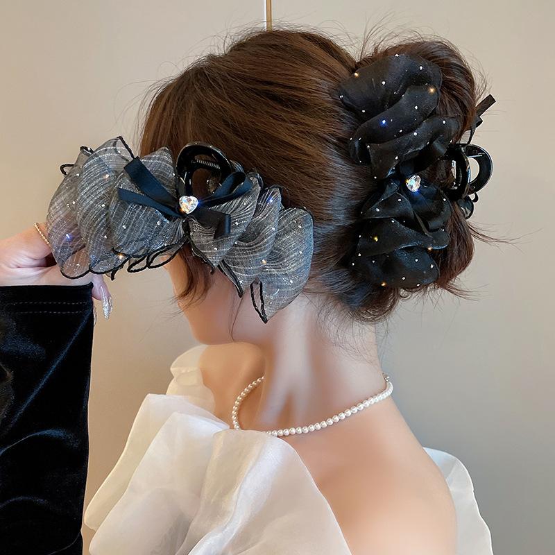 Elegant Love Mesh Rhinestone Bow Hair Grasp Clip Sided Shark Hairpin Princess Korean Hair Accessories for Women