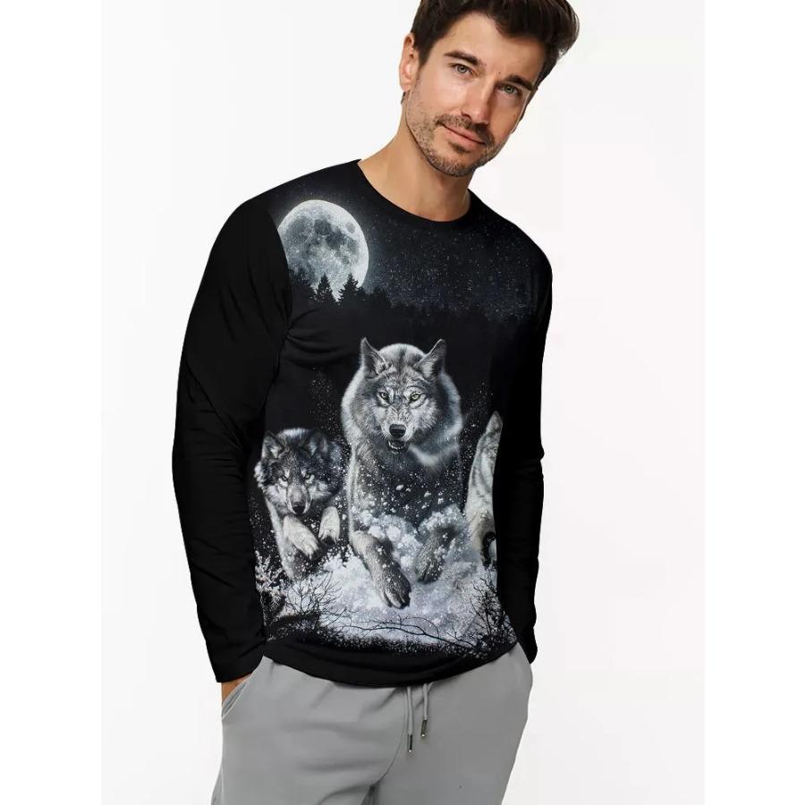 T Shirt for Mens Wolf Pattern Print Long Sleeve Leisure 3D Polyester Man's T-shirts