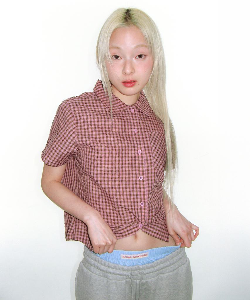 AMES-WORLDWIDE Wrinkled Check Short Sleeve Shirts Pink