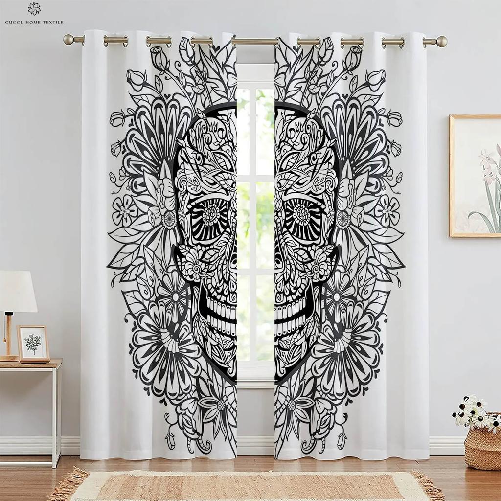 3D Printed Halloween Curtains and Horror Skull and Floral Window Decoration and Bedroom and Living Area and Restaurant and 2 Pieces