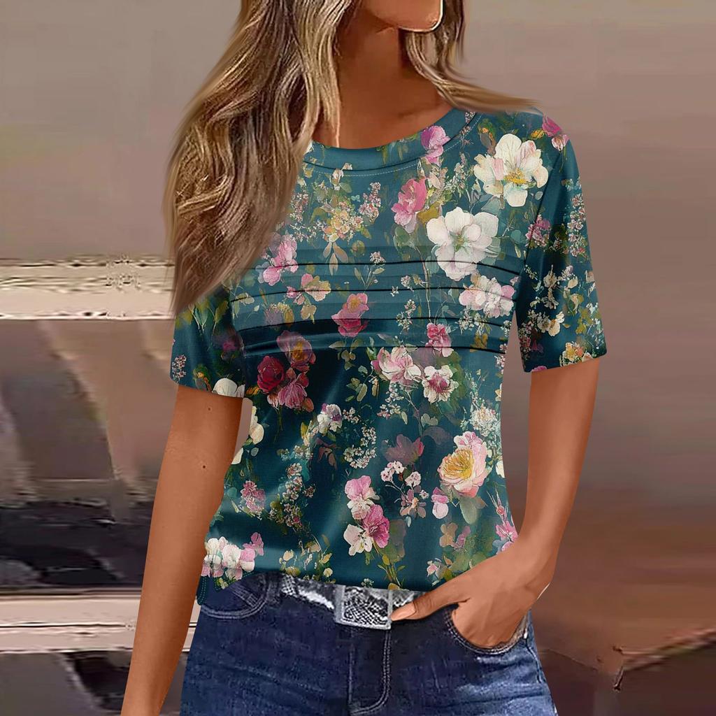 Tricou de damă plisat cu gât rotund, cu imprimeu floral, cu mânecă scurtă, top cu tiv crăpat