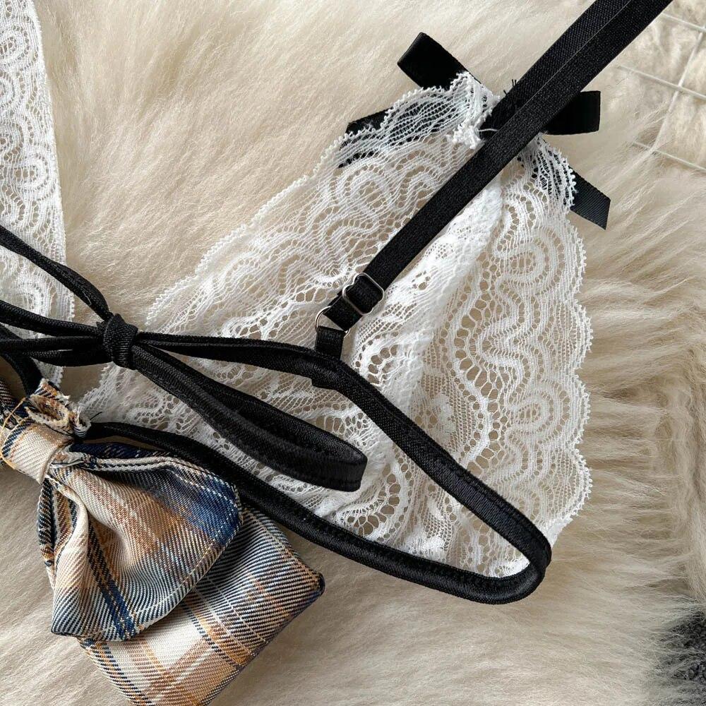 Sexy Plaid Japan Style Erotic Sets Women Pleated Short Skirt + Bow Strapless Lace Camis Female Sweet JK Uniform Lingerie Suits 2024
