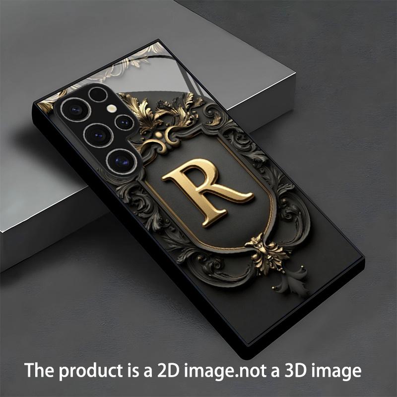 Golden Lucky Letter R Tempered Glass Phone Case Suitable for Samsung Galaxy S26 S25 S24 S22 S21 S20 FE/Ultra/Plus Anti Drop