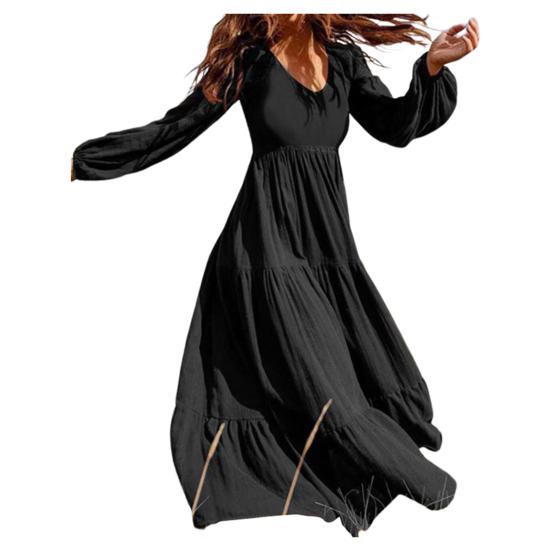 Dames Lente Herfst Jurk Ronde Hals A-lijn V-hals Geplooide Lange Mouwen Effen Kleur Grote Swing Uitgaan Shoppen Vakantie Maxi Jurk