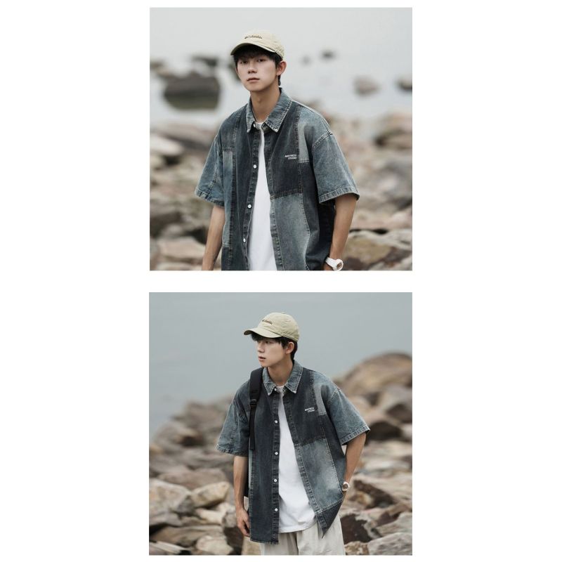 Amerikanisches Sommerprofil, gespleißte Jeansweste, Herren-Kurzarmhemd, Nischenjacke für Männer und Frauen, Teenager, Paarjacke