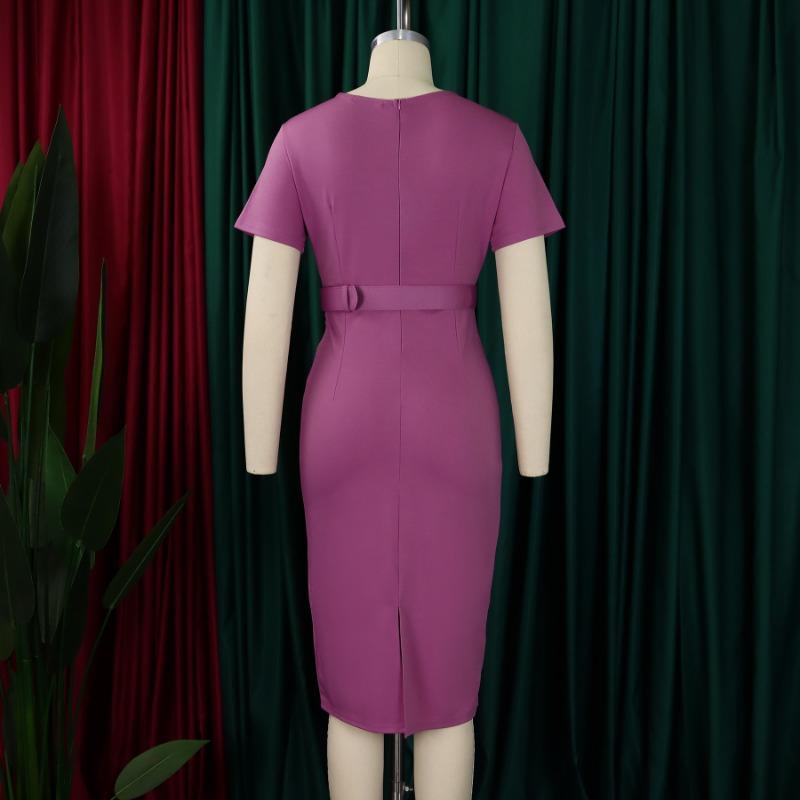 Women's Summer New Short Sleeved V Neck Waist Solid Color Dress