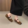 Leopard Print Suede Square Head Shallow Mouth Single Shoes Women's Spring and Autumn New Korean Version French Commuter Casual Flat Mary Jane Shoes