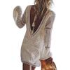Women Vacation Dress V-shaped Back Backless Hollow Out Bikini Cover-up Loose Long Sleeves Tassel Low-cut V Neck Lady Holiday Mini Dress