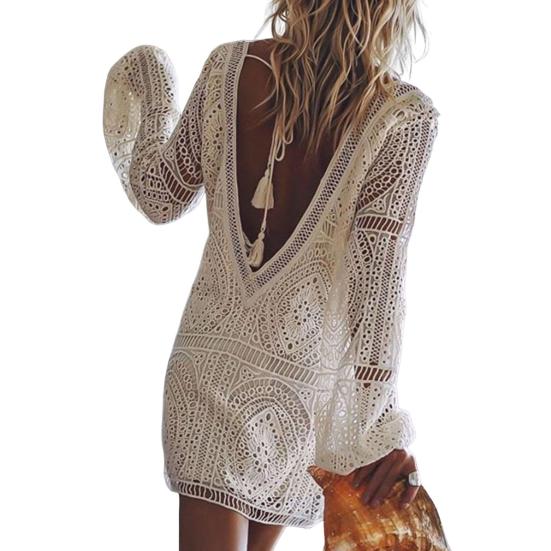 Women Vacation Dress V-shaped Back Backless Hollow Out Bikini Cover-up Loose Long Sleeves Tassel Low-cut V Neck Lady Holiday Mini Dress
