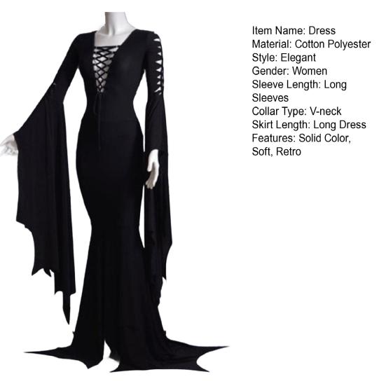 Women Long Dress V-Neck Flared Sleeves Solid Color Irregular Sway Design Lace-Up Gown Robe Halloween Costume