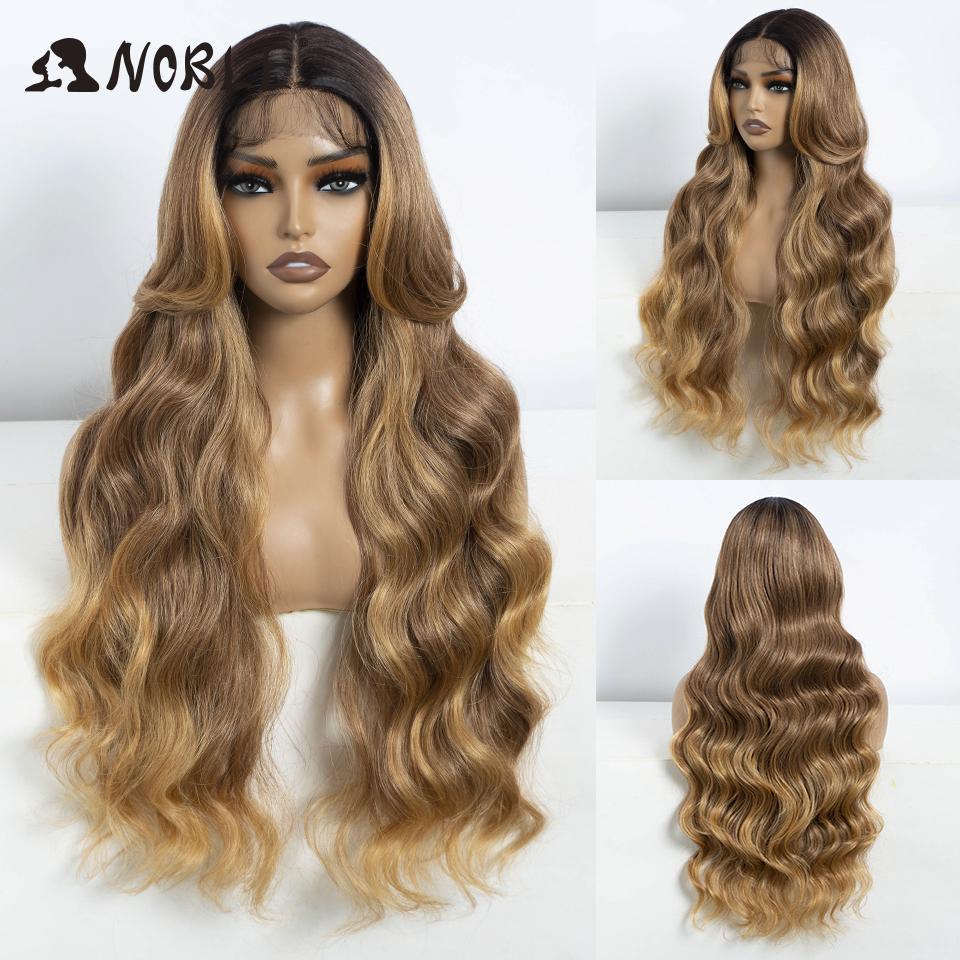 Noble Synthetic Lace Front Wigs For Women 30" Long Body Wave Lace Wig Ombre Brown Blonde Highlight  Heat Resistant Cosplay Wigs