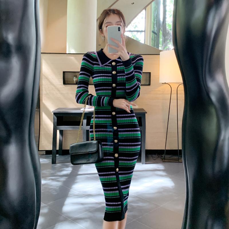Temperament Slim Striped Knitted Sexy Dress Women Elegant Autumn Single Breasted Casual Women's Sweater Dresses Winter Long Sleeve Ladies Dress 25949