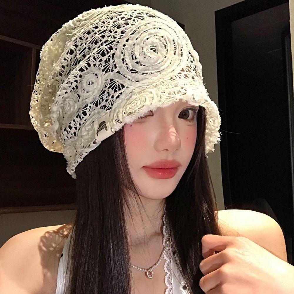 Embroidered Lace Hat Breathable Weave Knitted Cap Hollow Out Flower Beanies Apparel Accessories