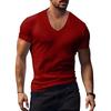 Mechieng Men's Training T-Shirt, Short Sleeve, V-Neck, Quick-Drying, Stretch, Muscle Training Shirt, Fitness, Wine Red, Size 2XL
