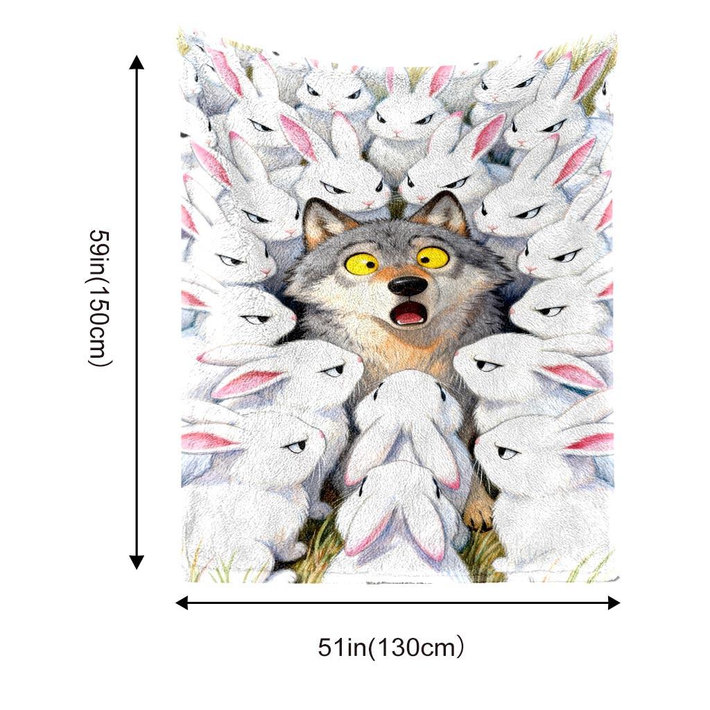 Fun Wolf and Rabbit Pattern Flannel Printed Blanket Suitable for All Seasons Suitable for Living Room Office Sofa and Travel