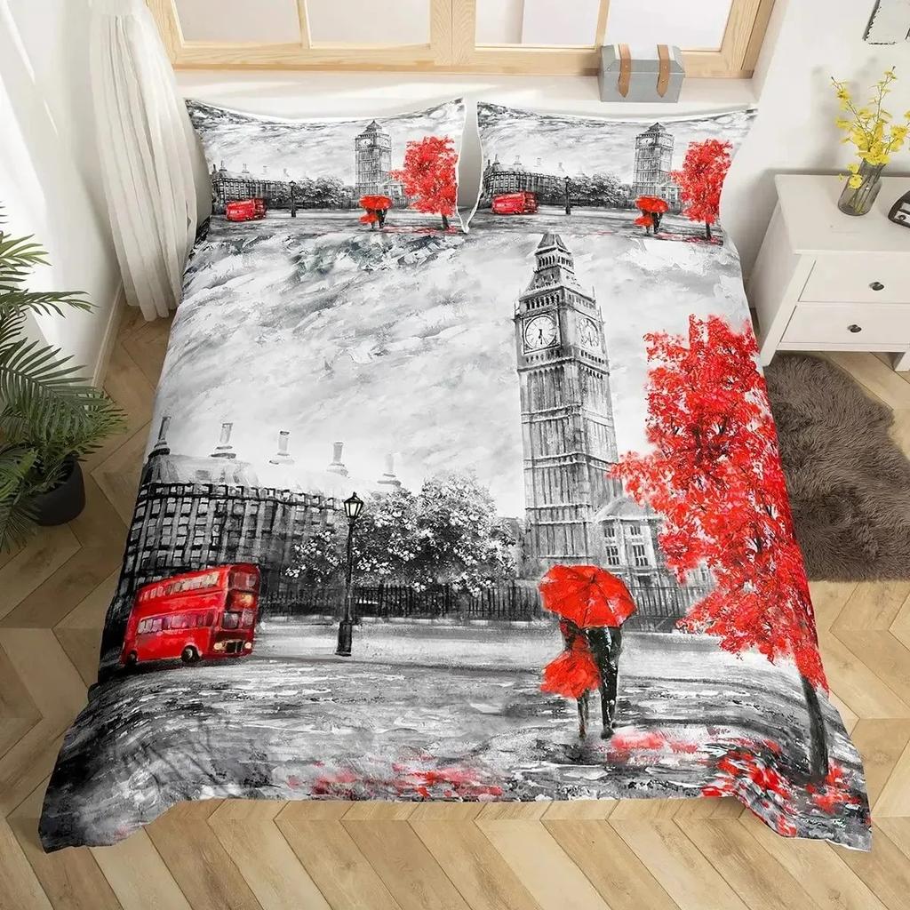 London Duvet Cover Full SizeTelephone Booth The Big Ben Bedding Set Comforter Cover Set Nostalgic Retro United Kingdom Bedding
