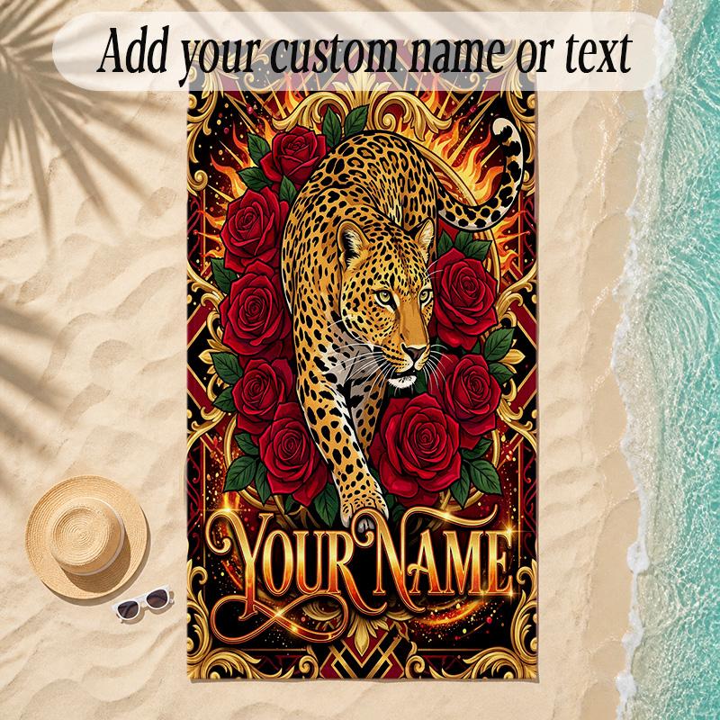 Leopard Theme Soft Beach Towel Personalized Custom Name Text Towel Portable for Beach Pool Travel