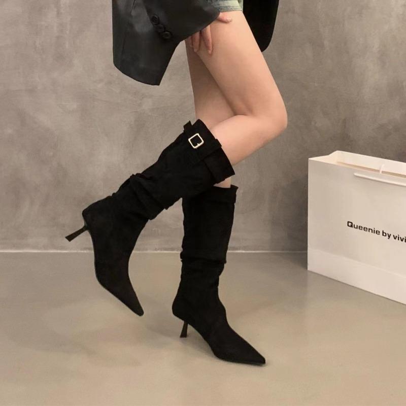 Fashion 2024 New Retro Belt Buckle Decoration Women's Fashion Pointed Suede Autumn Winter Women's Long Fashion Boots Brown Long Boots