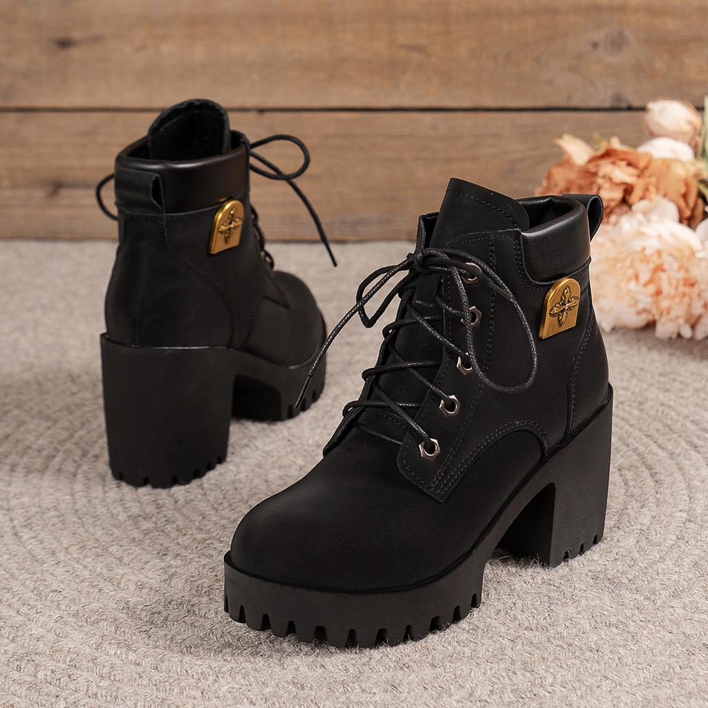 Damenabsatzstiefel Neue Winter Damenschuhe Frau Retro Kurzstiefel Damen Schnürung Plateau Kurze Stiefeletten Botas De Mujer Große Größe