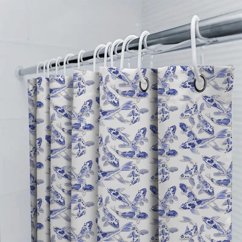 Waterverf Blauwe Vissen Print Douchegordijn Voor Badkamer Decoratie Bloemenpatroon Waterdichte Stof Met Haken.