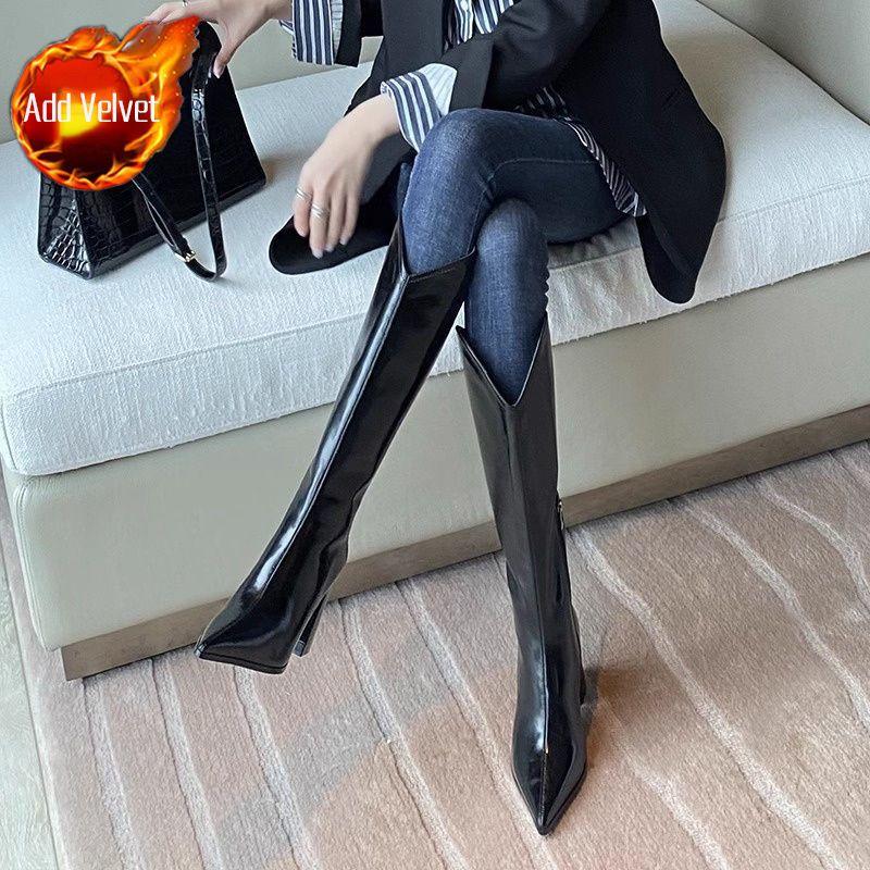 Módní špičaté kožené elegantní boty na podpatku dámské vysoké do kolen podzim zima zateplené šik nové v Pu horké dámské dlouhé boty