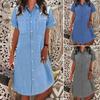 Damen Turn-Down-Kragen Kurzarm Midi Denim Kleid Lockere Passform Einreihig Brusttasche Einfarbiges Jean Hemdkleid Vintage Sommer Lässiges Tunika Kleid