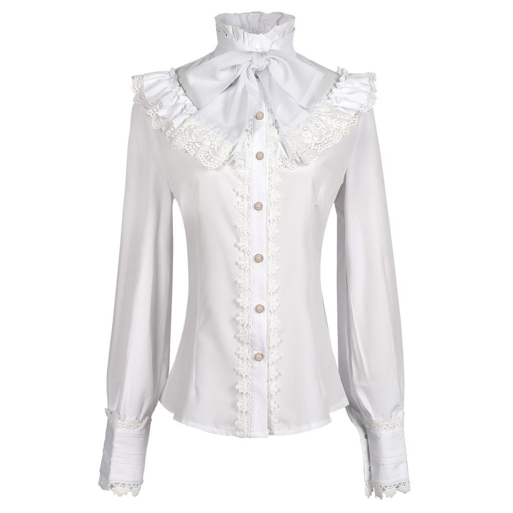 Viktorianisches Gothic-Hemd für Damen aus Leinenstoff mit Rüschen-Design für Cosplay und Bühnenauftritte