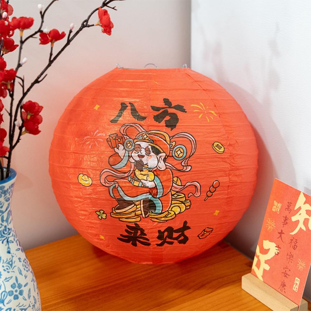 Retro Style Chinese Paper Lantern 30cm Handmade Lucky Lantern Ornament Fu Character Printed Flower Festival Lantern Room Decor