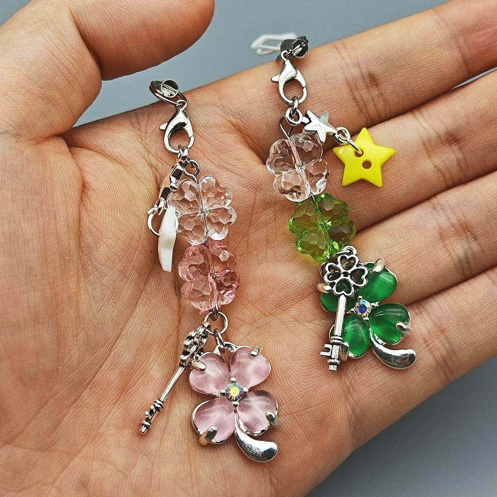 Colorful Keyring Beaded Phone Chain Y2K Trendy Leaf Clovers Pendant Women Girls
