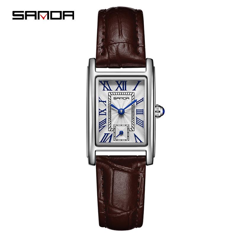 Stylish Sanda Square Steel & Leather Quartz Watch with Roman Numerals, Waterproof Design for Women