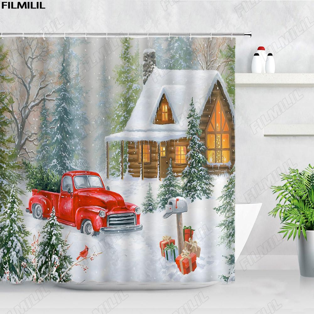 Retro Oil Painting Christmas Shower Curtains Santa Claus Garland Xmas Tree Vintage Fireplace New Year Decor Bathroom Curtain Set