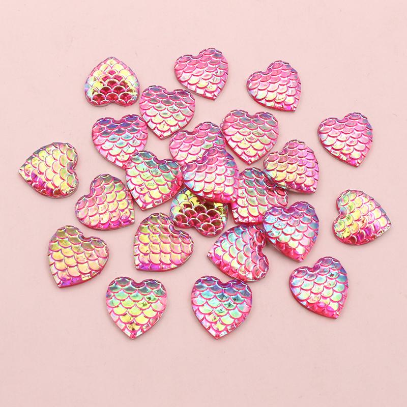 40pcs 12mm Heart Shape Mermaid Fish Scale Resin Cabochons Dome Flat Back DIY Jewelry Making Accessories for Earrings Bracelets
