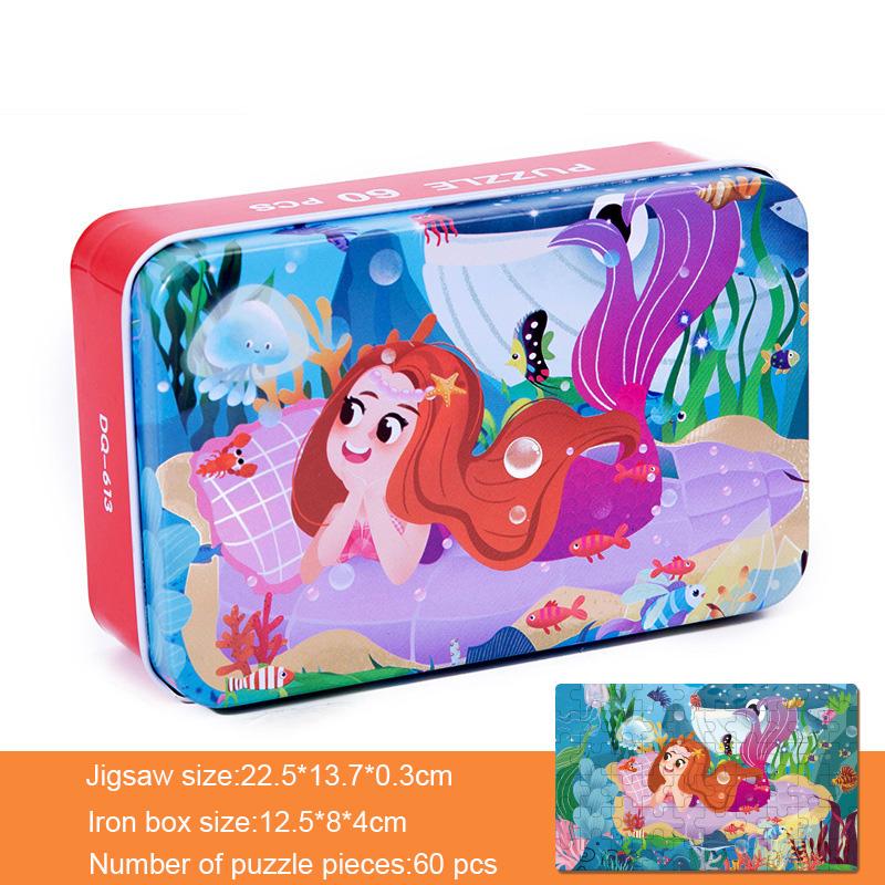 60 Pcs/Set Kids Wooden Puzzle Cartoon Animal Vehicle Dinosaur Pattern Jigsaw with Iron Box Baby Early Educational Toys Gift