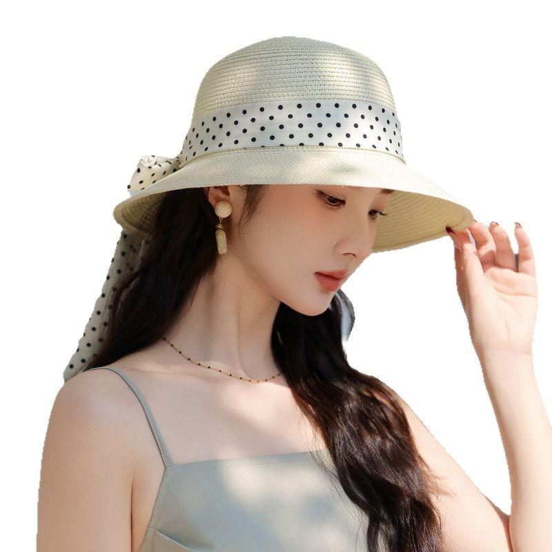 French Summer Dot Ribbon Raffia Hat With Wide Brim Sun Protection For Women