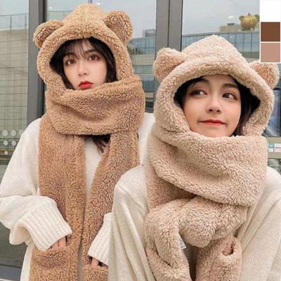Winter Bear Ear Fleece Gloves and Hooded Scarf Hat