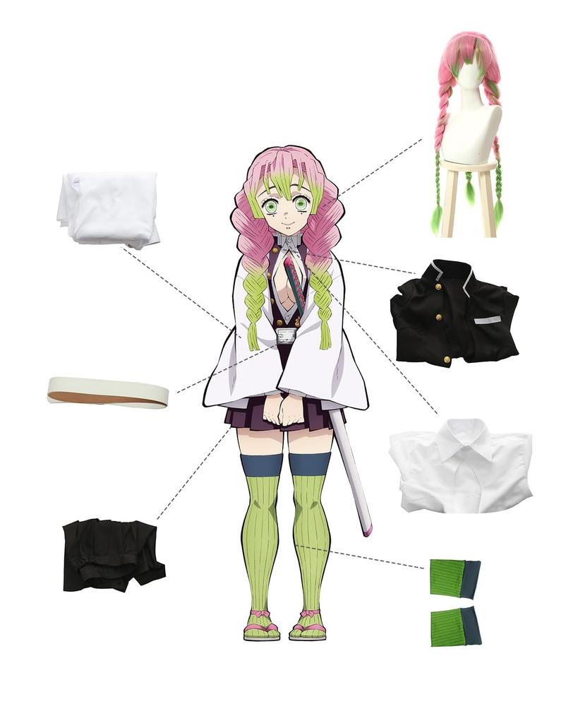 Kanroji Mitsuri Cosplay Costume with Love Kanroji Adult School Demon Stage Outfit Mitsuri with Size New High-quality Wig, Pillar, Mitsuri, Costume,