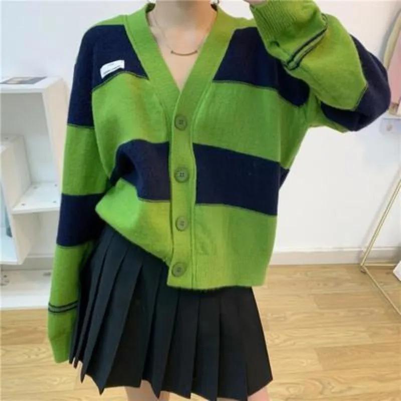 Green Jacket Cardigan Women Autumn Loose Striped V-Neck Comfortable Top Stretchy Casual Versatile