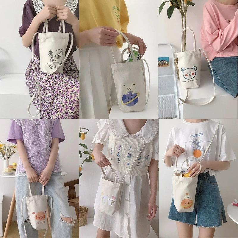 Canvas Bucket Small Tote Bag, Cute Carto Mini Crossbody Bags for Women Girls Carrying, Kettle, Water Cup, Umbrella, Phe Bag
