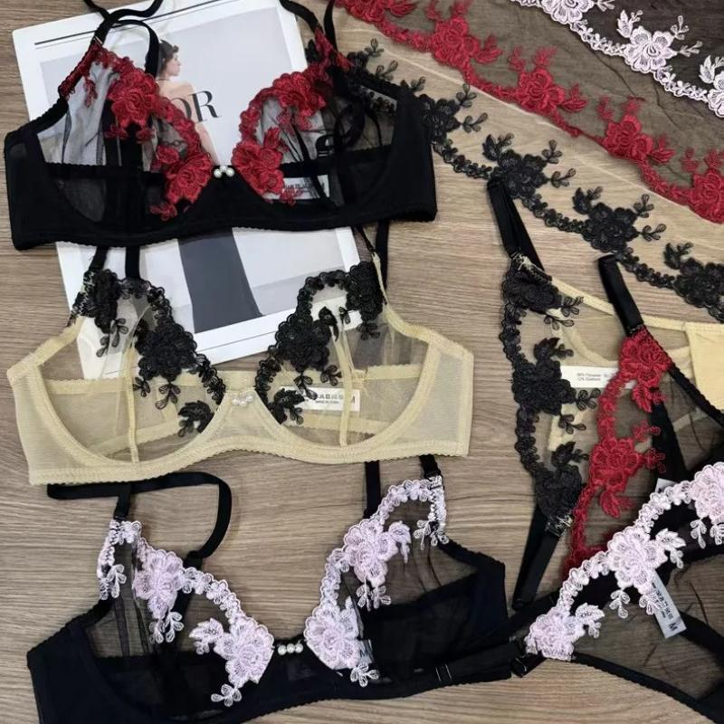 Französisches Ultra Dünnes Spitze Blumen Stickerei Dessous Set Sexy Netz Atmungsaktiver BH Damen Hohe Qualität Intimwäsche Tanga Set