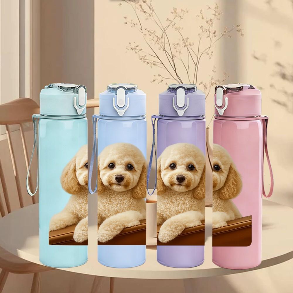 1PC Poodle Puppy Wooden Box Portrait 750ml Color Plastic Sports Water Bottle Leakproof Flip Straw Lid Suitable for Sports Office Home Use