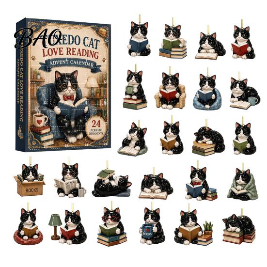 Christmas Countdown Ornaments 24 Days Advent Calendar 2026, 2D Acrylic Reading Cats/Dogs/Forest Animals Tree Decor Ornament Calendar, Cute Pet