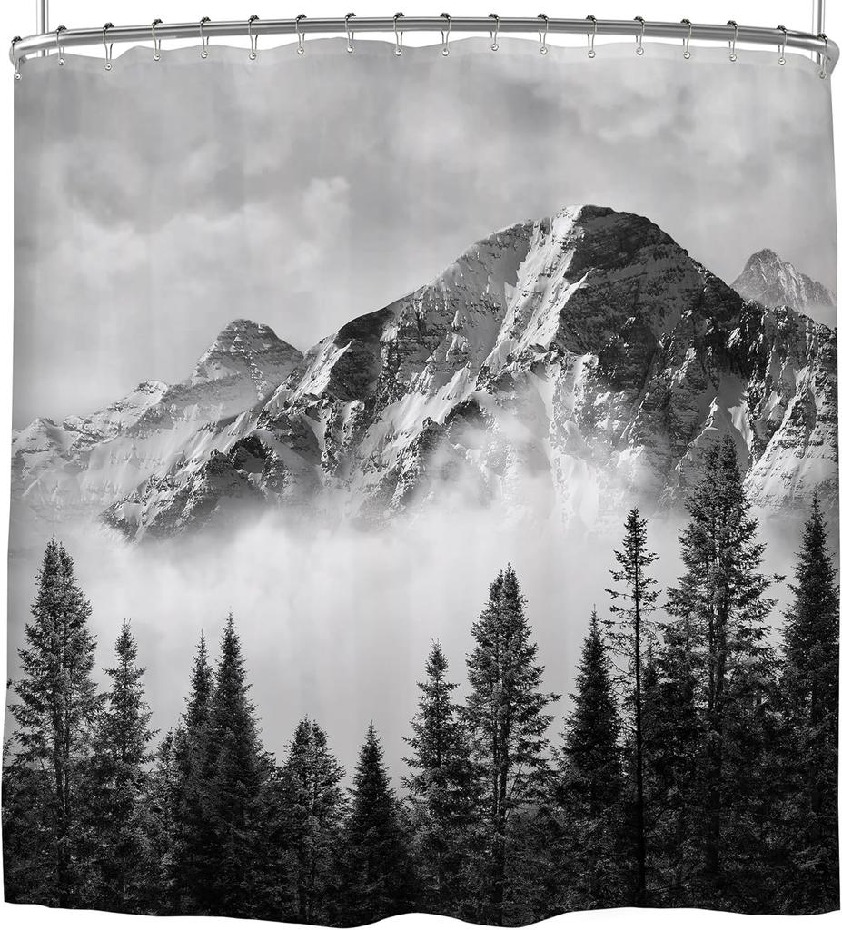 Black Mountain Woodland Hazy Shower Curtain Natural Scenery Landscape Bathroom Decorative Shower Curtain 12 Hooks