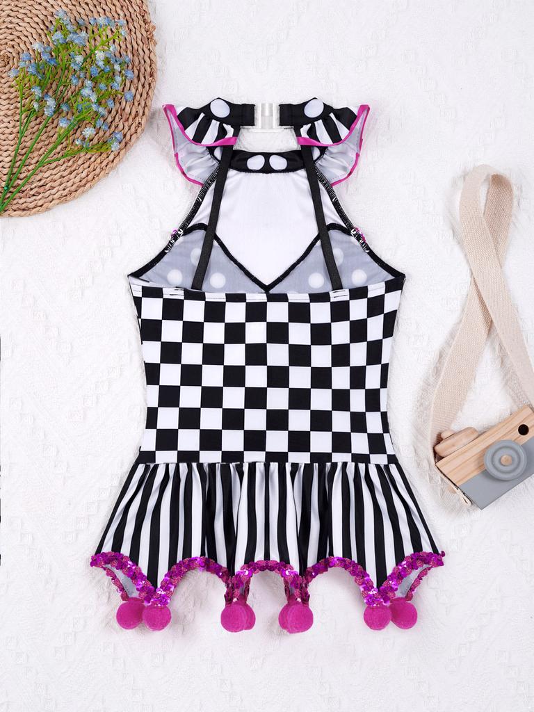 Kids Girls Clown Pompoms Tutu Dress Halloween Circus Party Cosplay Fancy Dress Up Costume
