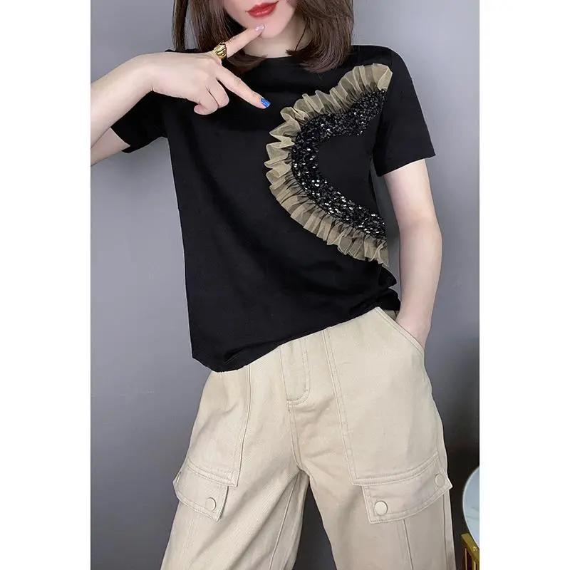 T-shirt da donna estive semplici patchwork con paillettes in garza, girocollo, manica corta