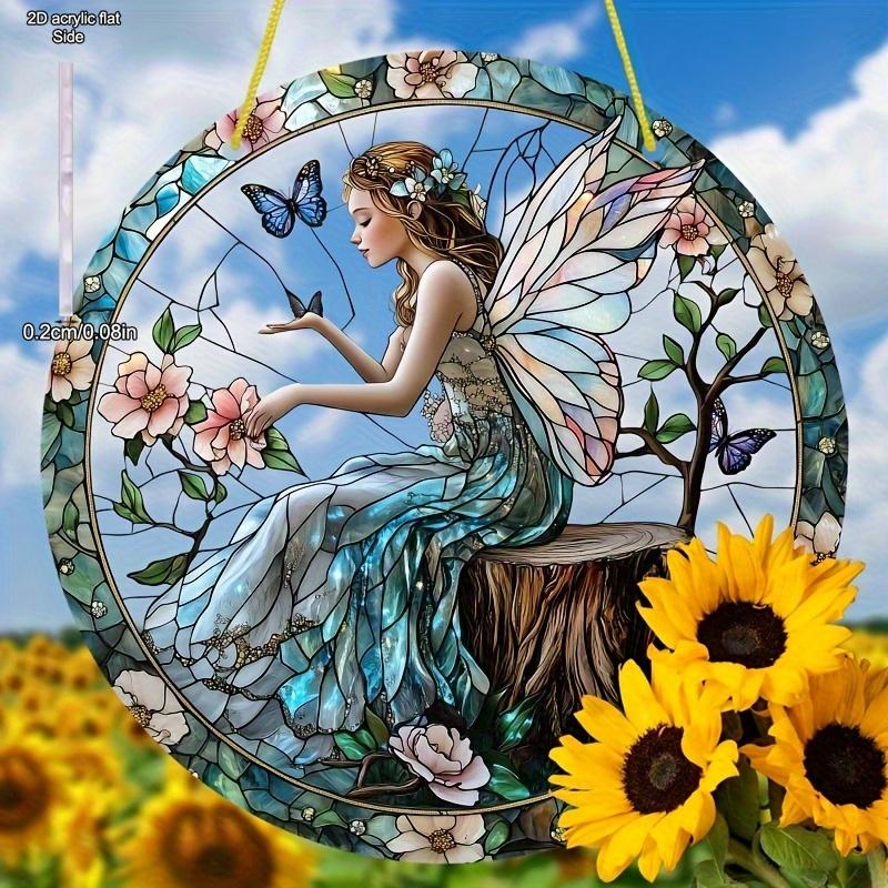 Bohemian Flower Fairy Sun Catcher - Vibrant Floral & Butterfly Acrylic Wall Art, Fairy Garden Decor for Outside, Whimsical Design, Nurseries, Vinta