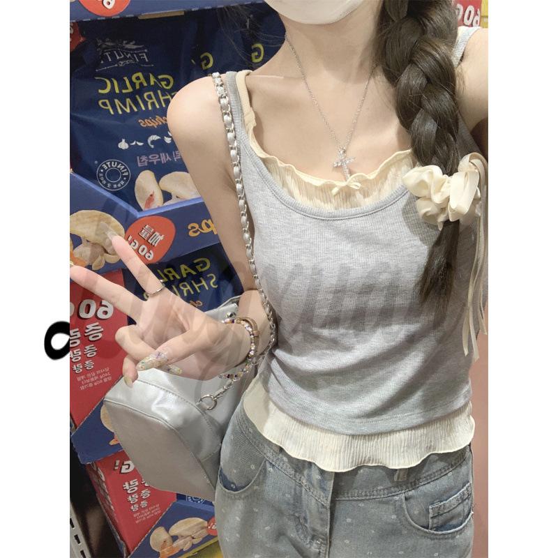 Summer Korean Style Slim Fit Contrast Color Two-Piece Design Camisole - Pure Cotton Vest Top
