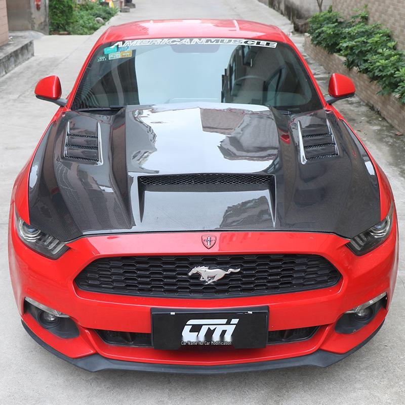 TF Carbon Fiber Vented Hood for 15-17 Ford Mustang: Enhances Engine Bay Heat Dissipation