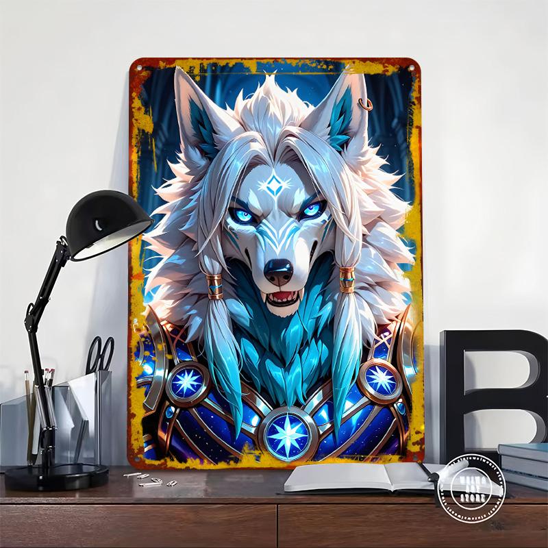 Affiche Imprimée Portrait de Guerrier Loup Fantastique Art Mural Personnalisé Panneaux Métalliques Rétro Vintage en Fer Blanc pour Décoration de Chambre à Coucher Décor de Pièce